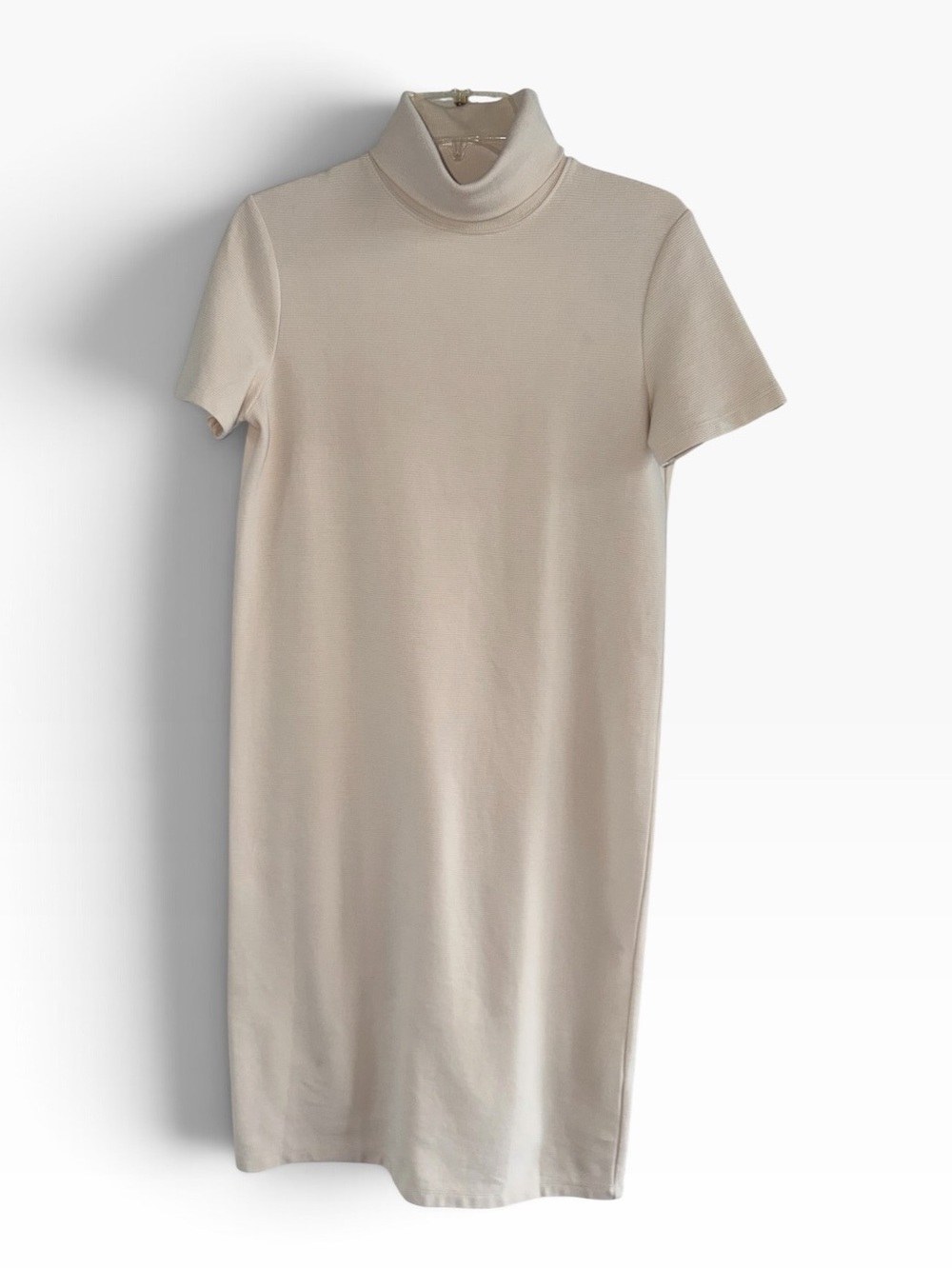 Zara Ecru Ribbed Short Sleeve Turtleneck Midi Shift Dress size Small - Picture 2 of 8